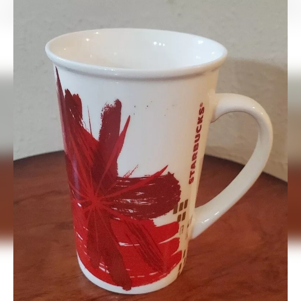 Starbucks Ceramic Tall Coffee & Tea Mug. Abstract  Red White Gold 12 oz Artsy